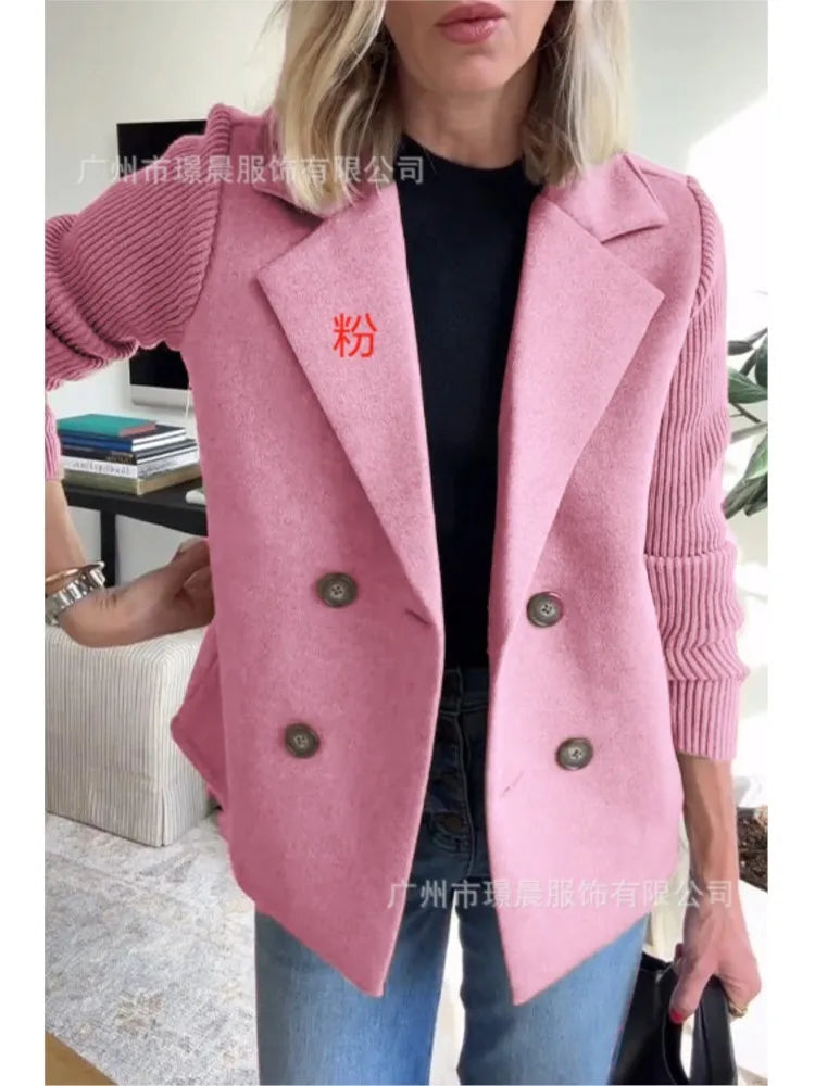 Women’s Knitted Tweed Blazer – Double-Breasted Short Coat