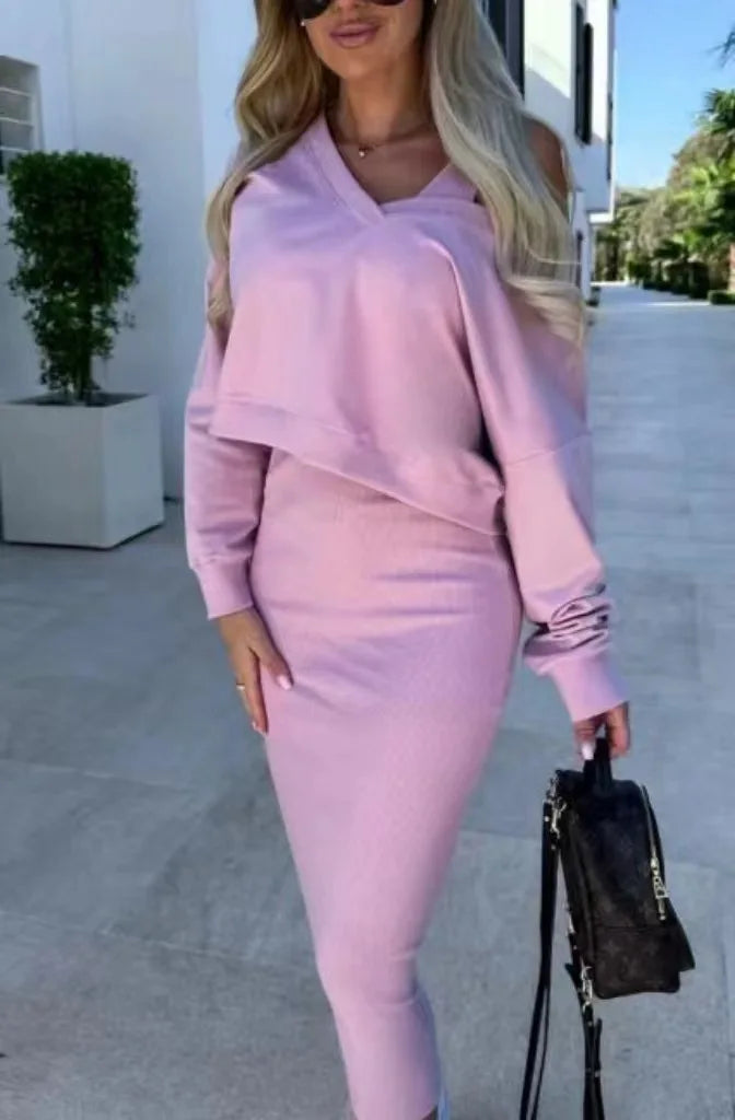 Women’s V-Neck Two-Piece Set – Top & Skirt