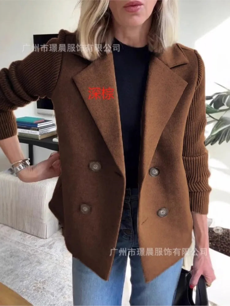 Women’s Knitted Tweed Blazer – Double-Breasted Short Coat