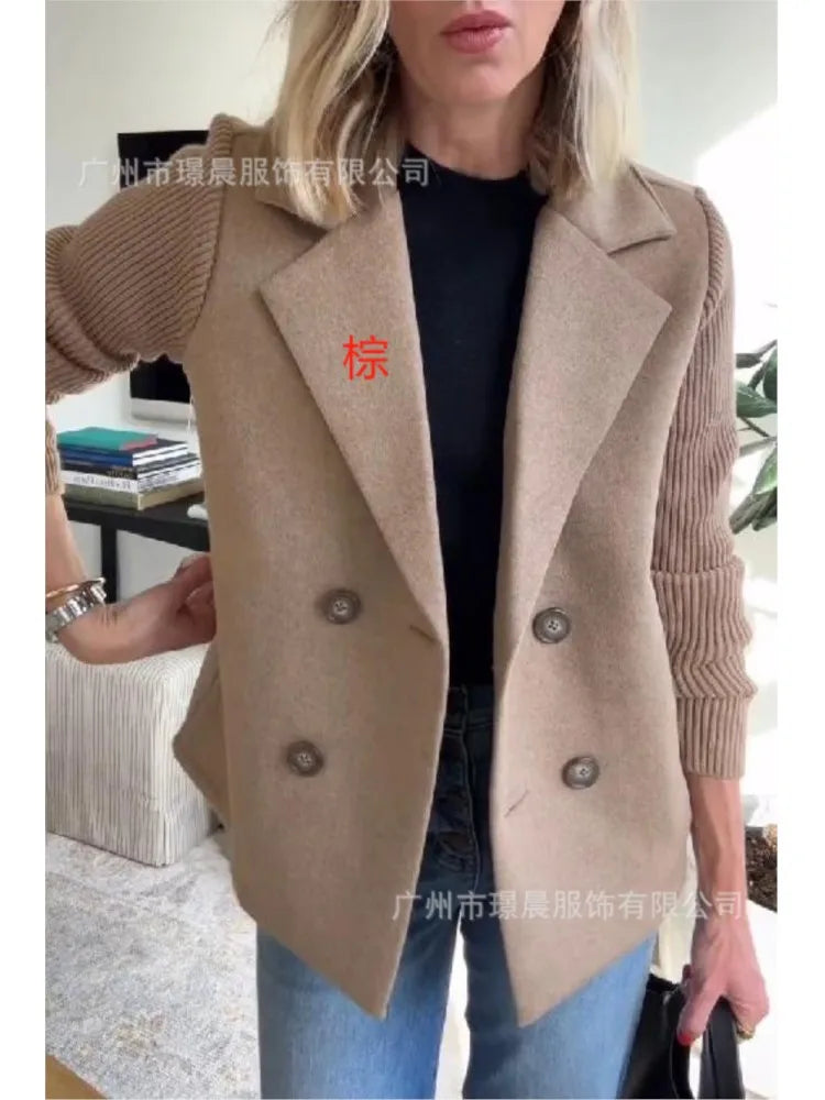 Women’s Knitted Tweed Blazer – Double-Breasted Short Coat