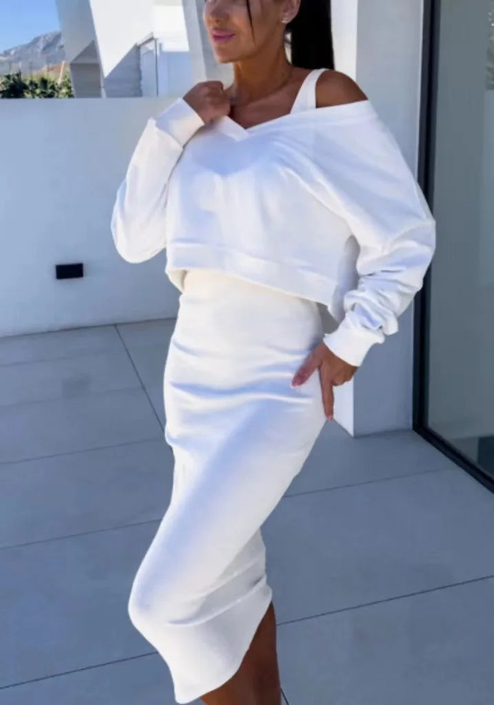Women’s V-Neck Two-Piece Set – Top & Skirt