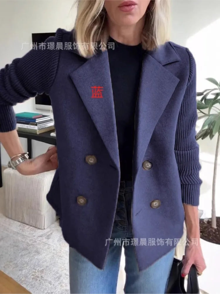 Women’s Knitted Tweed Blazer – Double-Breasted Short Coat