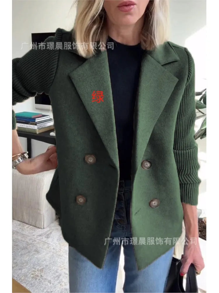 Women’s Knitted Tweed Blazer – Double-Breasted Short Coat