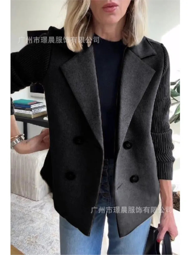 Women’s Knitted Tweed Blazer – Double-Breasted Short Coat