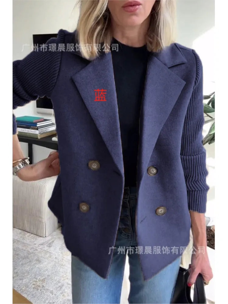 Women’s Knitted Tweed Blazer – Double-Breasted Short Coat