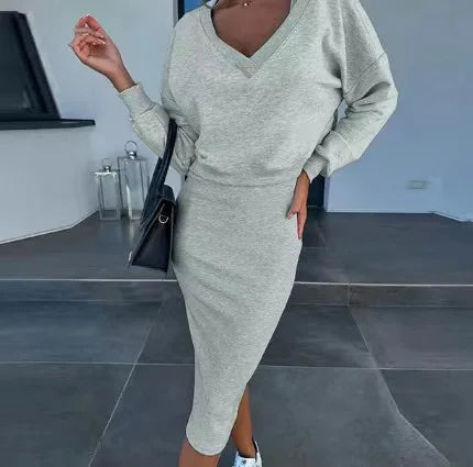 Women’s V-Neck Two-Piece Set – Top & Skirt