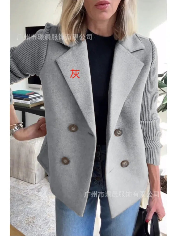 Women’s Knitted Tweed Blazer – Double-Breasted Short Coat