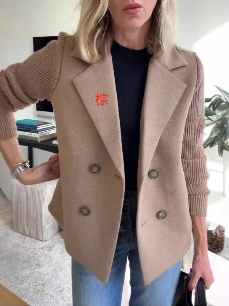 Women’s Knitted Tweed Blazer – Double-Breasted Short Coat