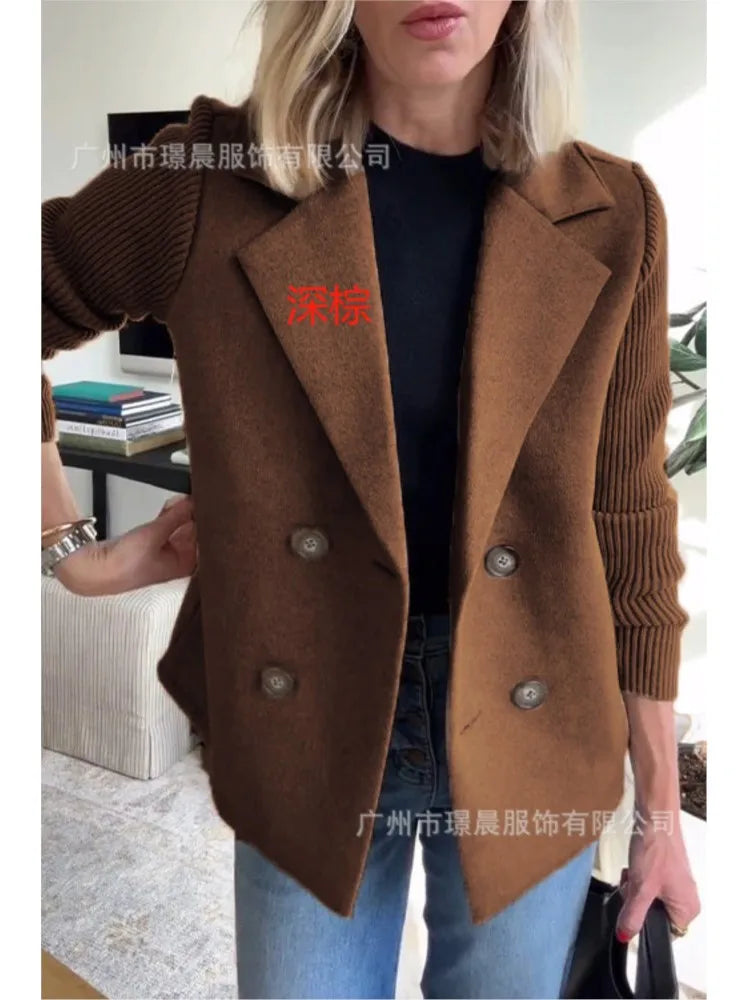 Women’s Knitted Tweed Blazer – Double-Breasted Short Coat